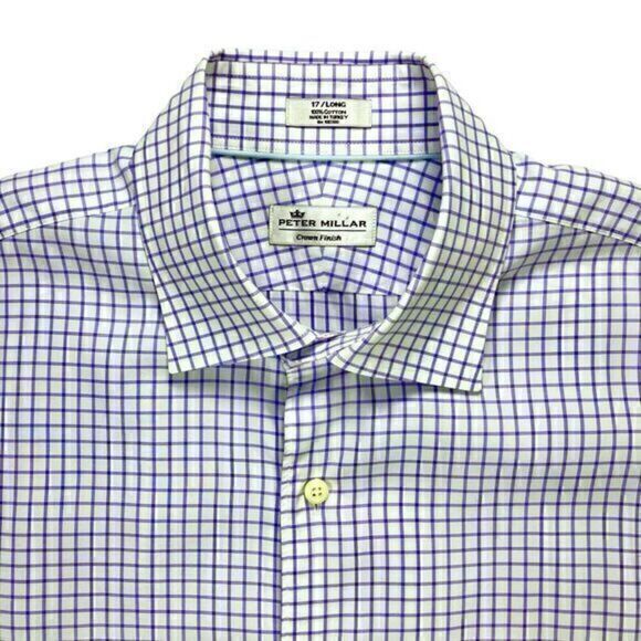 Peter Millar Dress Shirt Mens Sz 17 Long White Purple Plaid Cotton Button Front - Picture 4 of 16